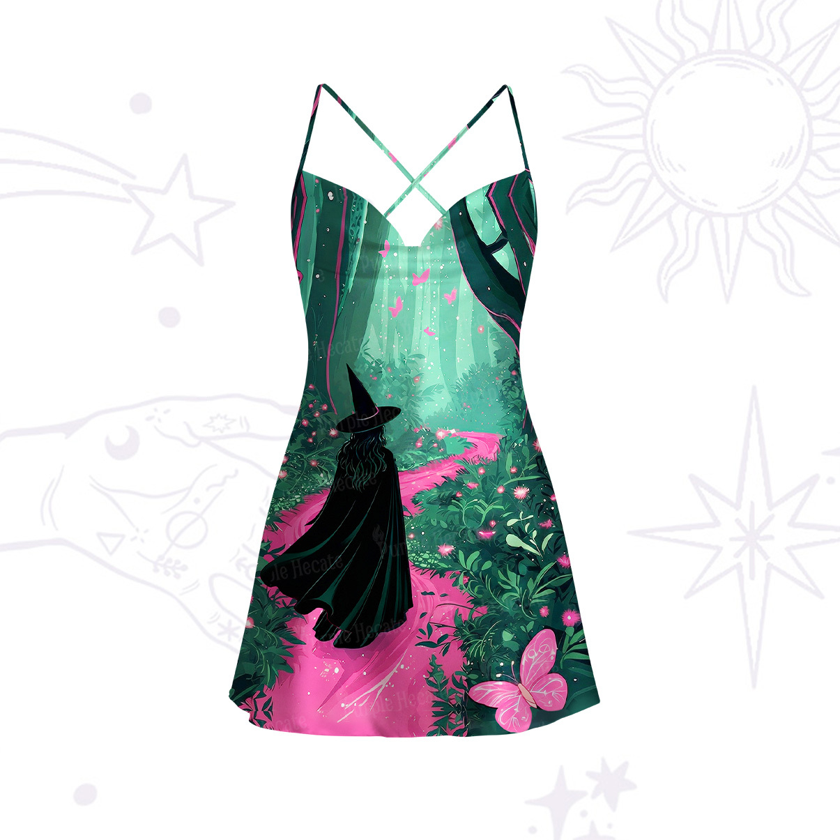 Purplehecate Witchy Forest Satin Cross Back Mini Dress