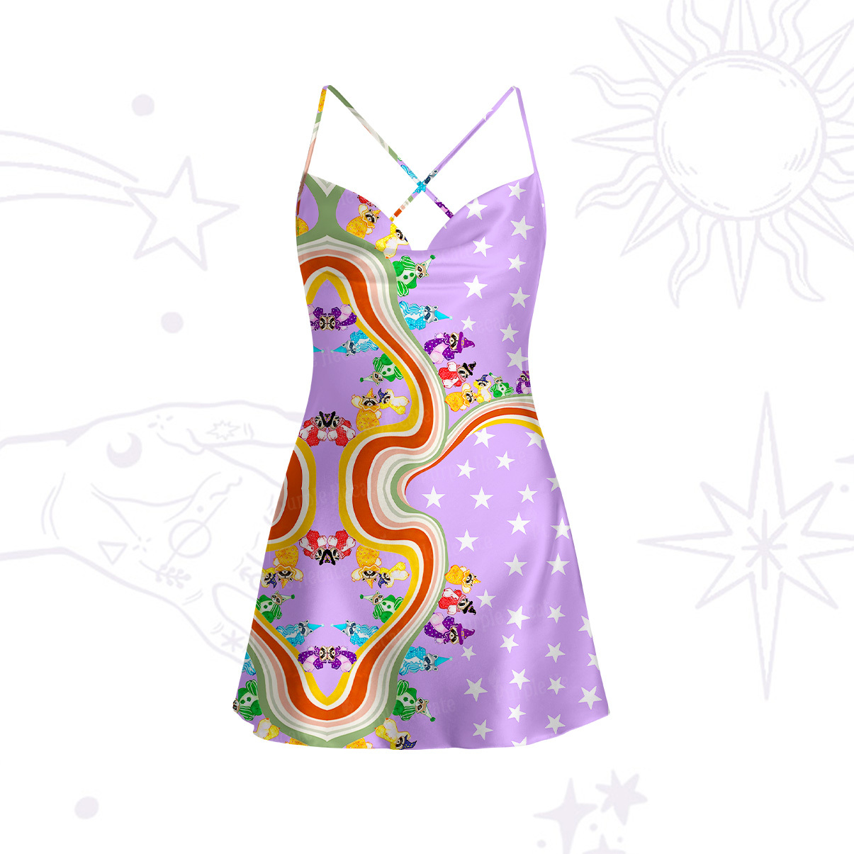 Purplehecate Rainbow Raccoon Star Satin Cross Back Mini Dress
