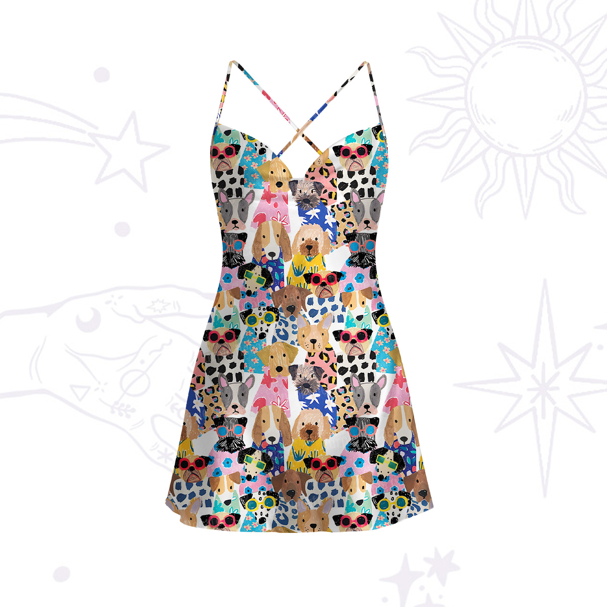 Purplehecate Puppy Parade Satin Cross Back Mini Dress