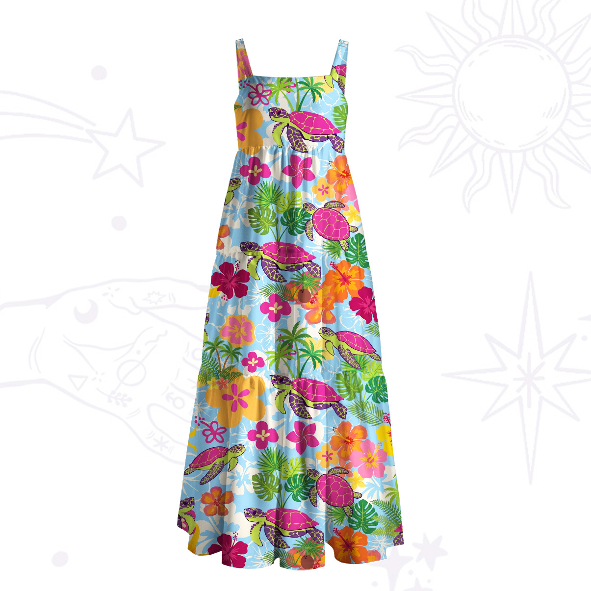 ]Purplehecate Hibiscus Sea Turtle Tropical Paradise Wide Straps Maxi Dress