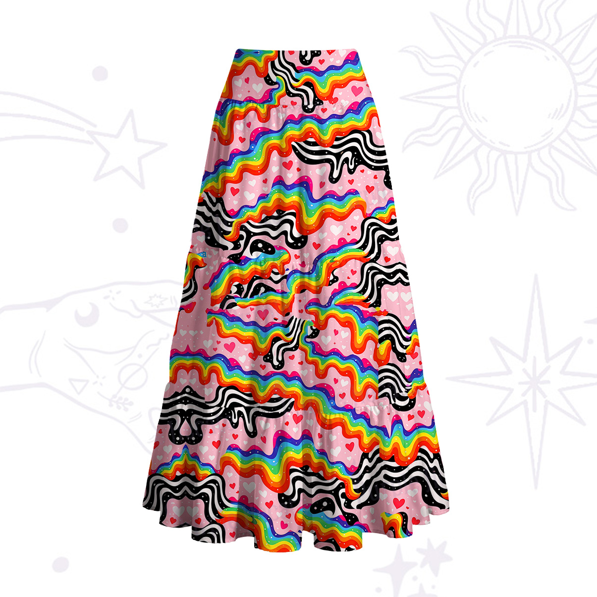 Purplehecate Groovy Melty Rainbow Hearts Wavy Convertible Maxi Skirt