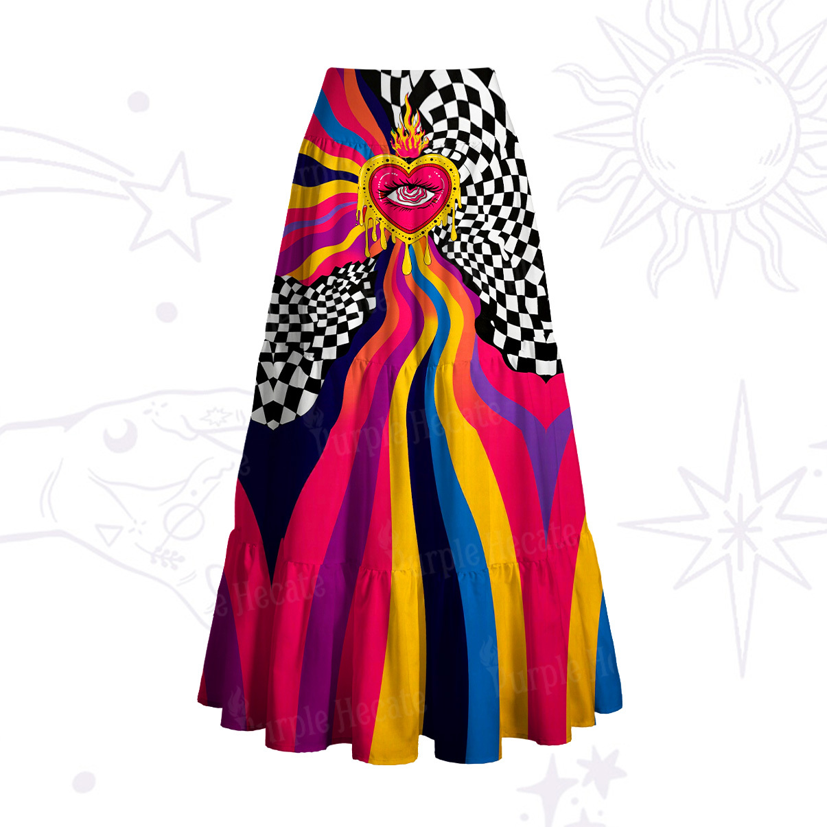 Purplehecate Trippy Heart Flame Convertible Maxi Skirt