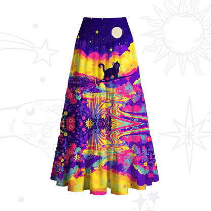 Purplehecate Midnight Cosmic Cat Fantasy Convertible Maxi Skirt