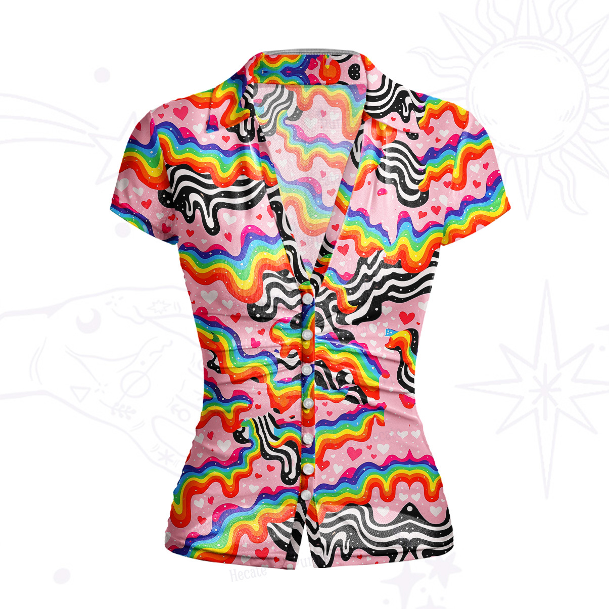 Purplehecate Groovy Melty Rainbow Hearts Wavy Mesh Button Up Shirt