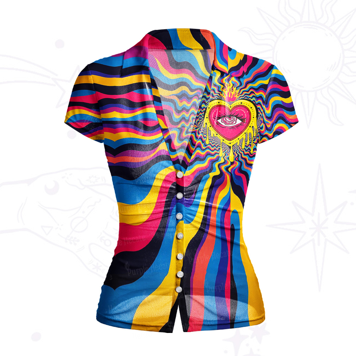 Purplehecate Trippy Heart Flame Mesh Button Up Shirt