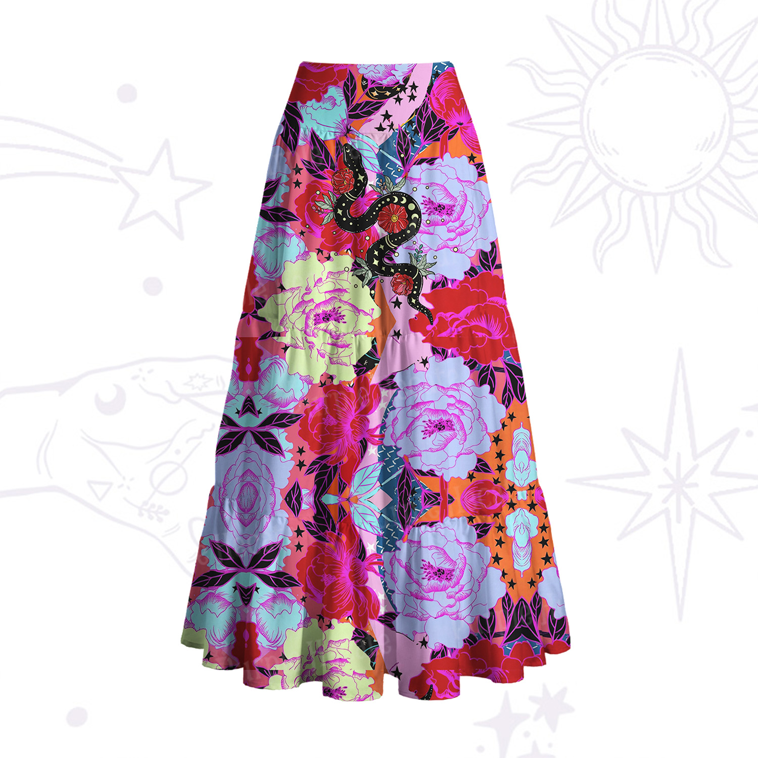 Purplehecate Enchanted Black Serpent & Floral Pattern Convertible Maxi Skirt