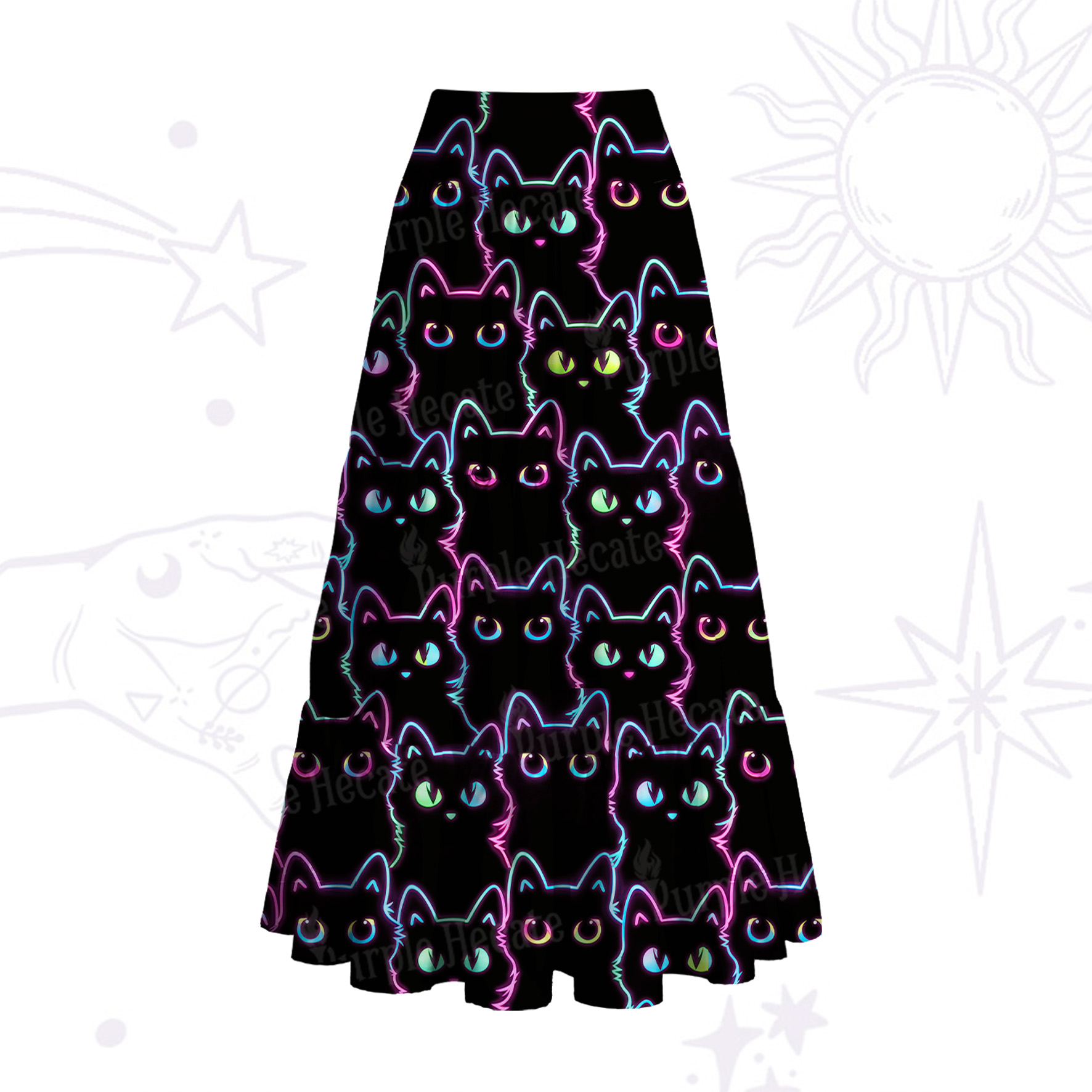 Purplehecate Neon Glow Stacked Cats Convertible Maxi Skirt