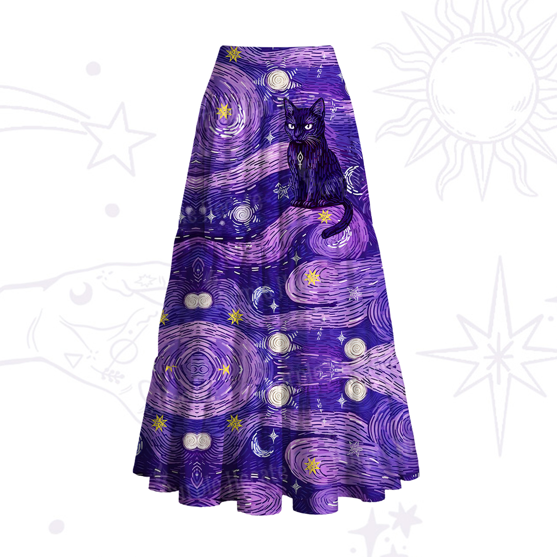 Purplehecate Mystic Cat Beneath the Cosmic Veil Convertible Maxi Skirt