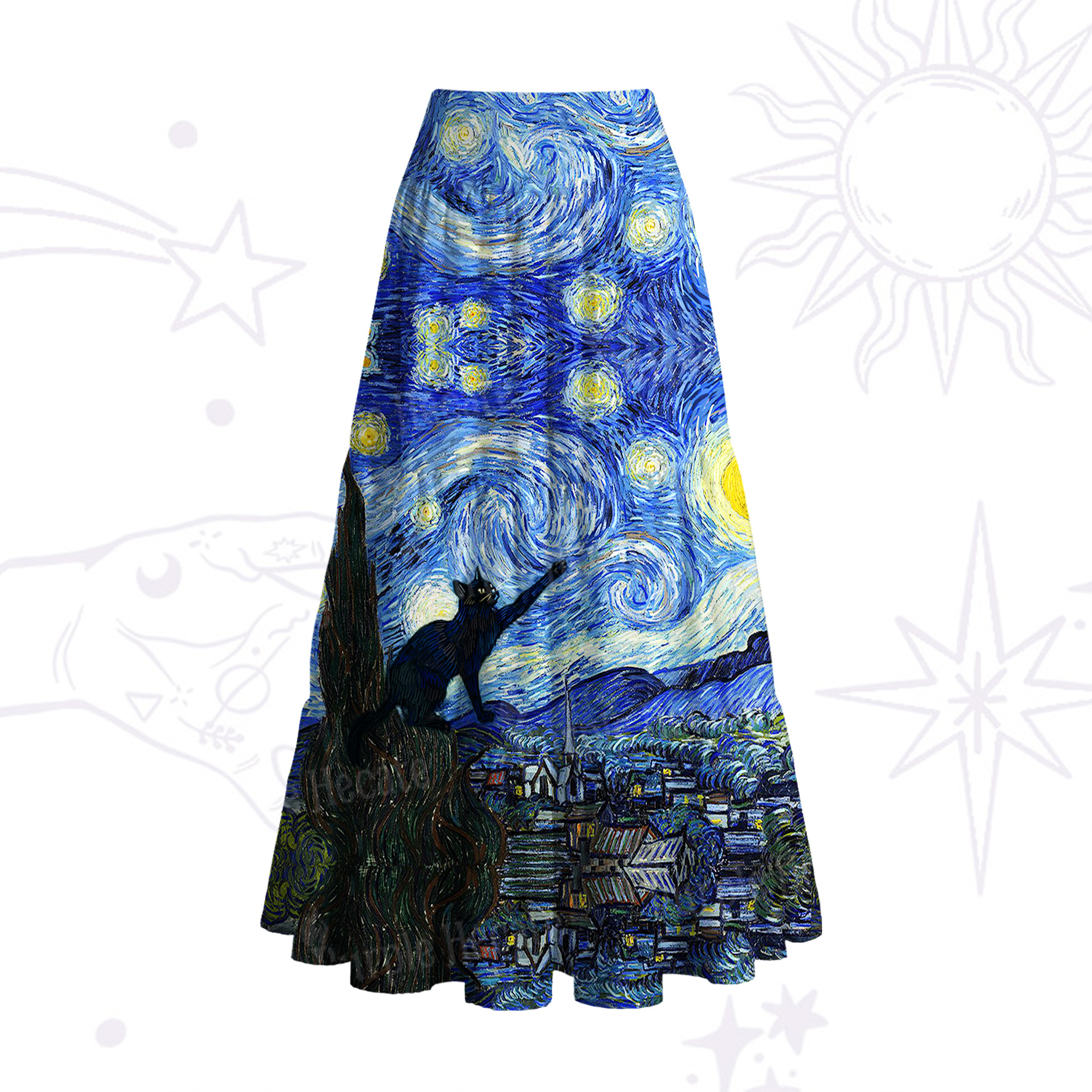Purplehecate Witch Cat Under the Starry Night Convertible Maxi Skirt