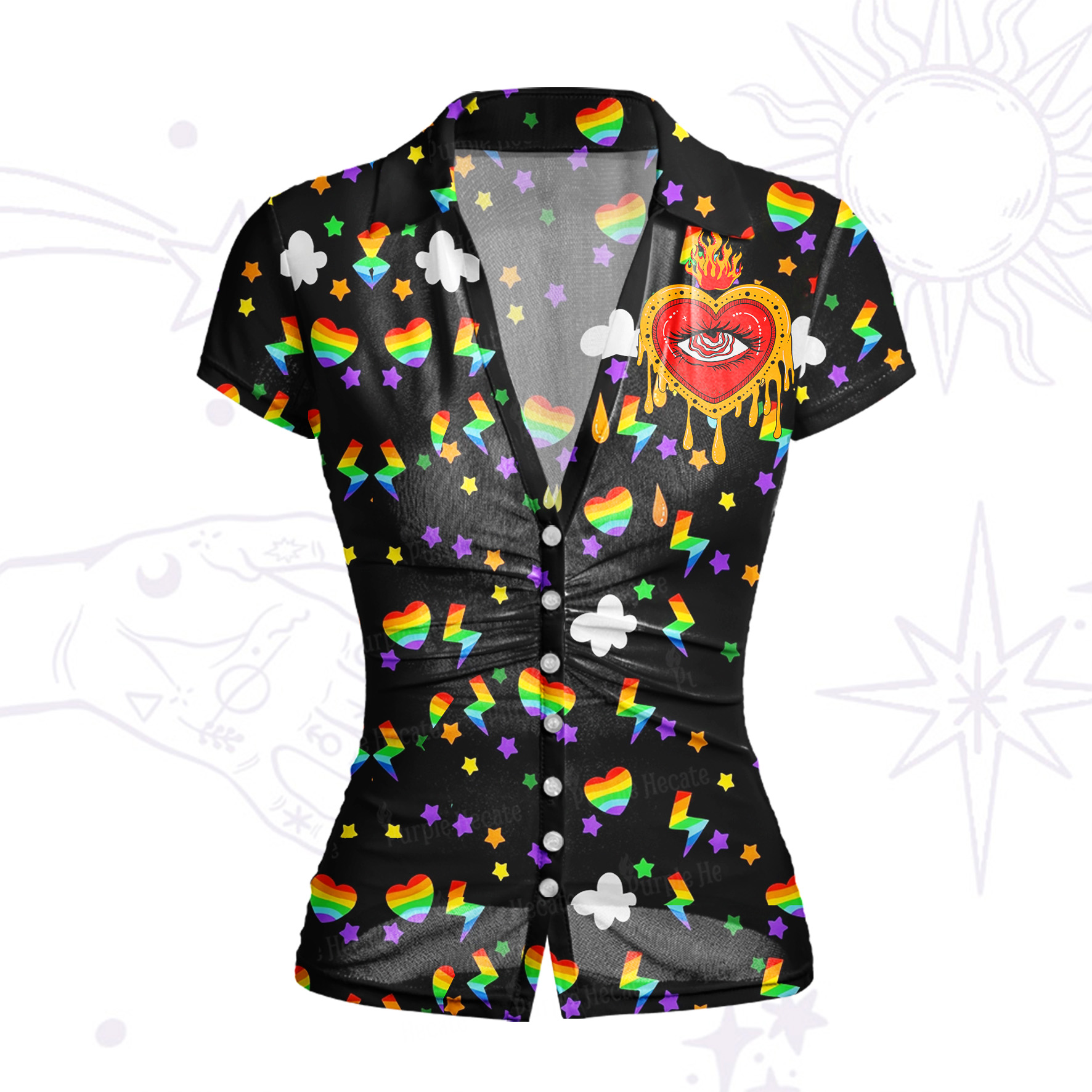 Purplehecate Rainbow Sacred Heart All Seeing Eye Pride Mesh Button Up Shirt