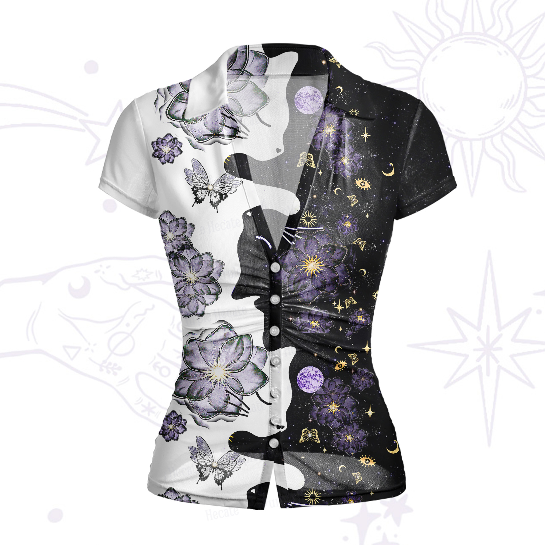 Purplehecate Starlit Cats & Butterflies Mesh Button Up Shirt