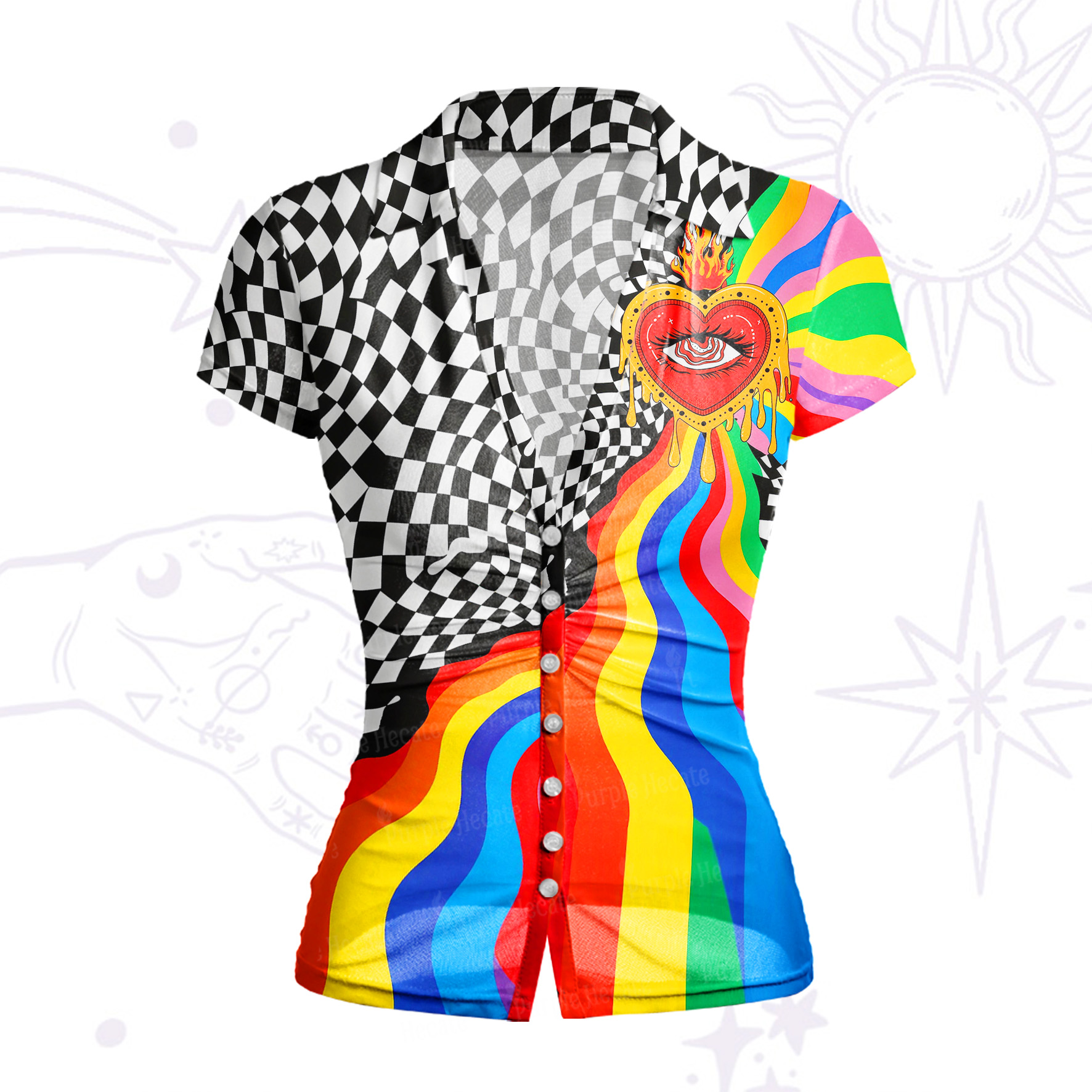 Purplehecate Trippy Rainbow Heart Eye Mesh Button Up Shirt
