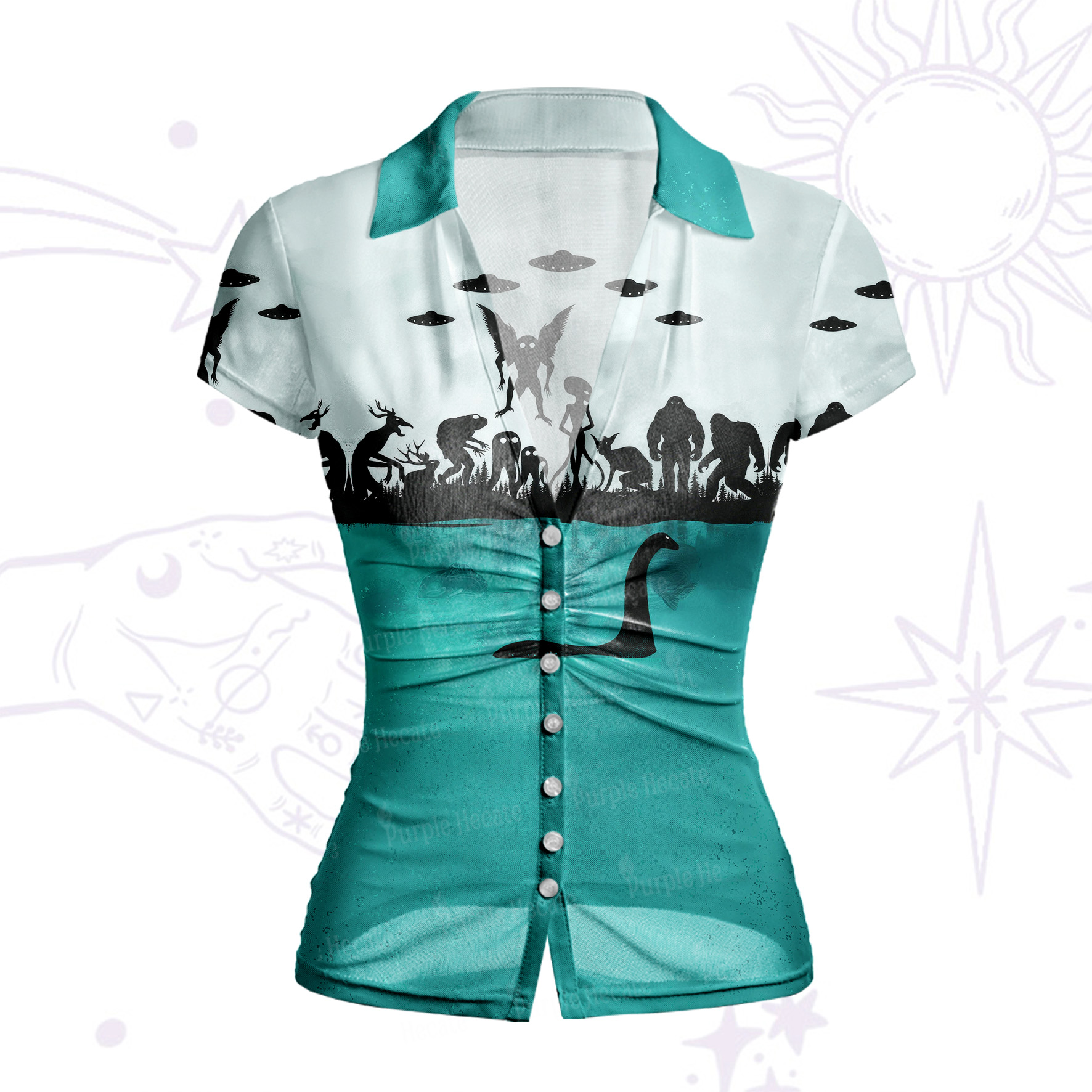 Purplehecate Alien Lake Monster Encounter Mesh Button Up Shirt
