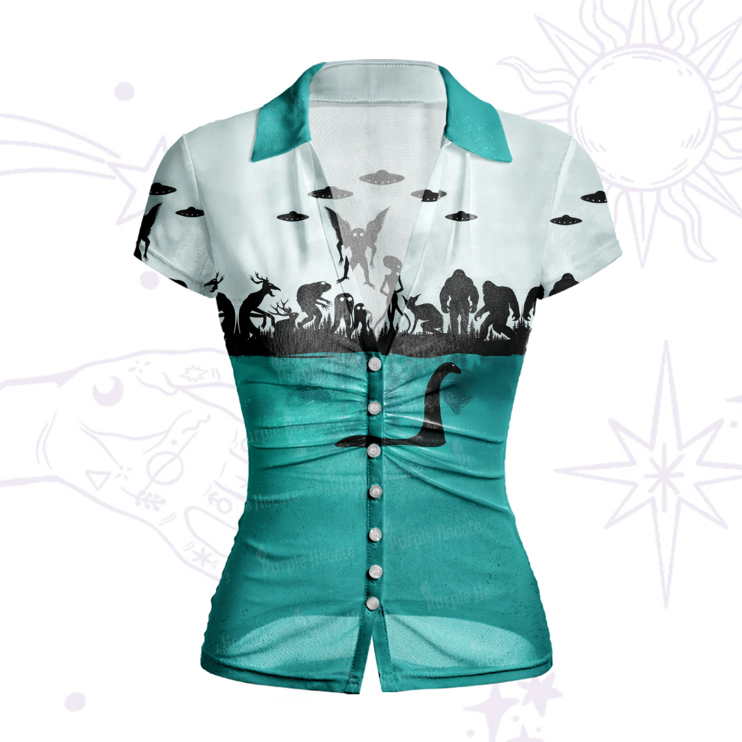 Purplehecate Alien Lake Monster Encounter Mesh Button Up Shirt