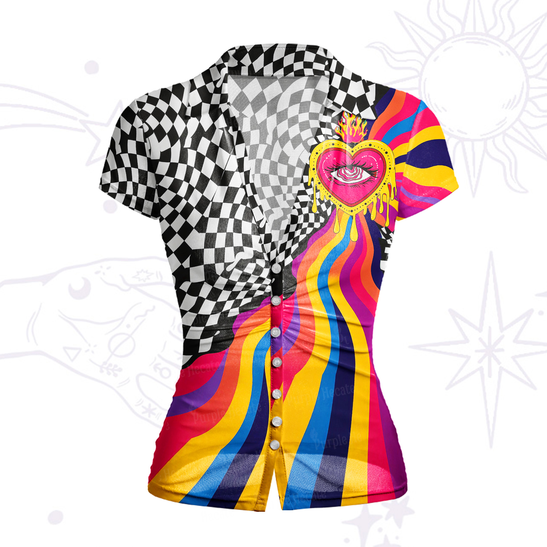 Purplehecate Trippy Heart Flame Mesh Button Up Shirt