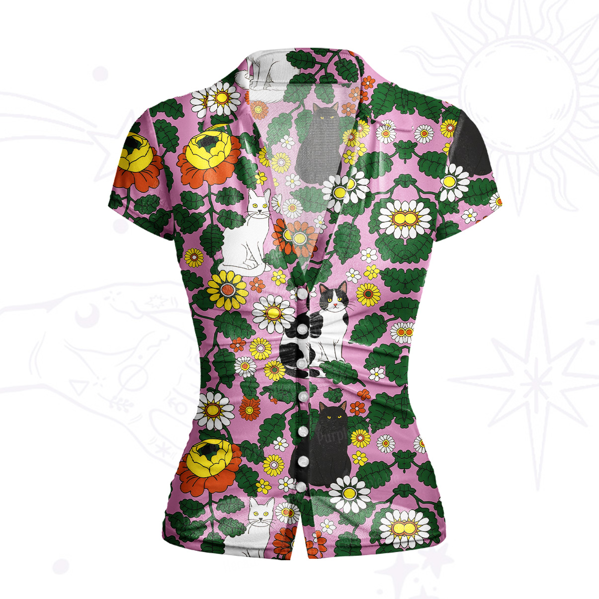 Purplehecate Daisy Cat  Garden Mesh Button Up Top