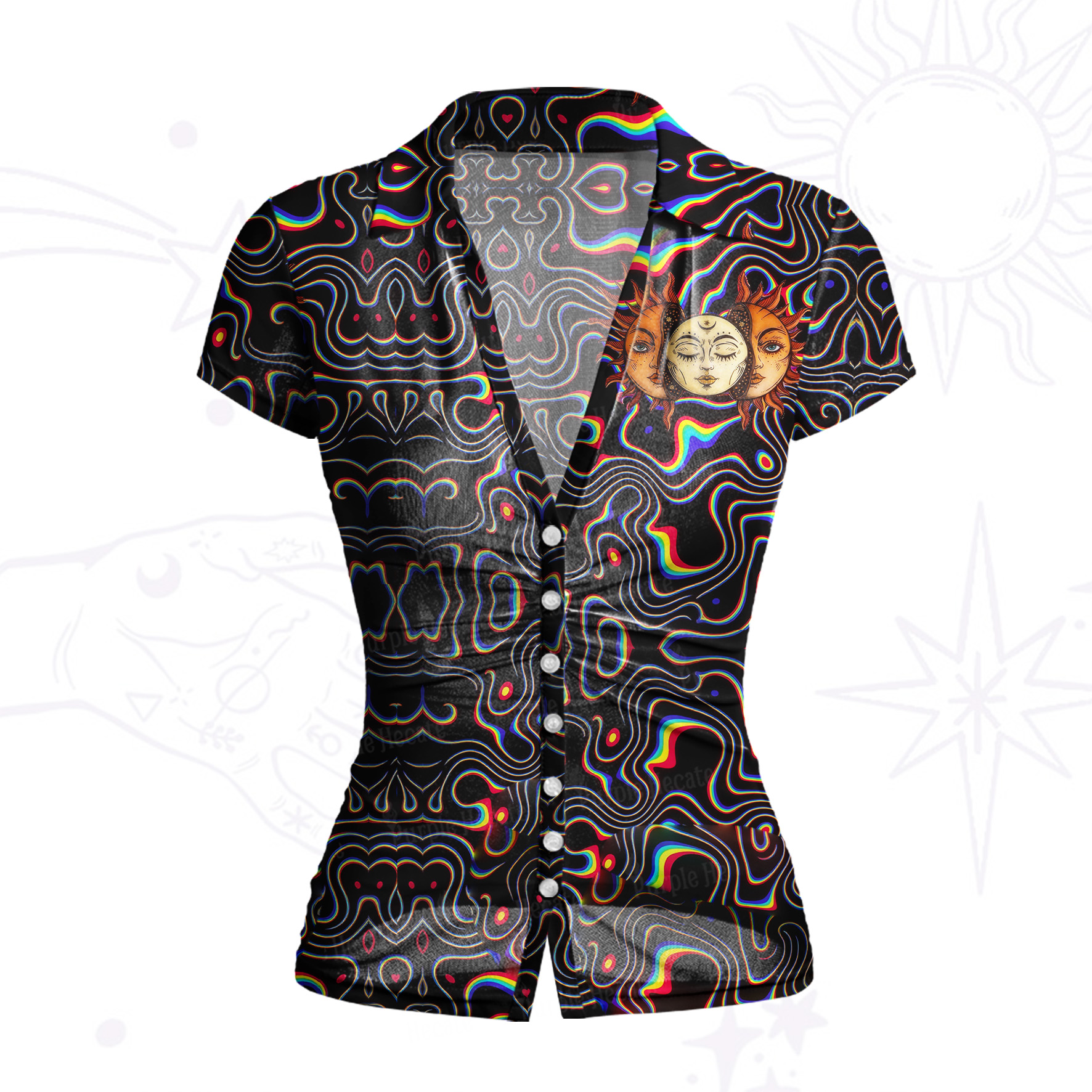 Purplehecate Psychedelic Sun and Moon Mesh Button Up Shirt
