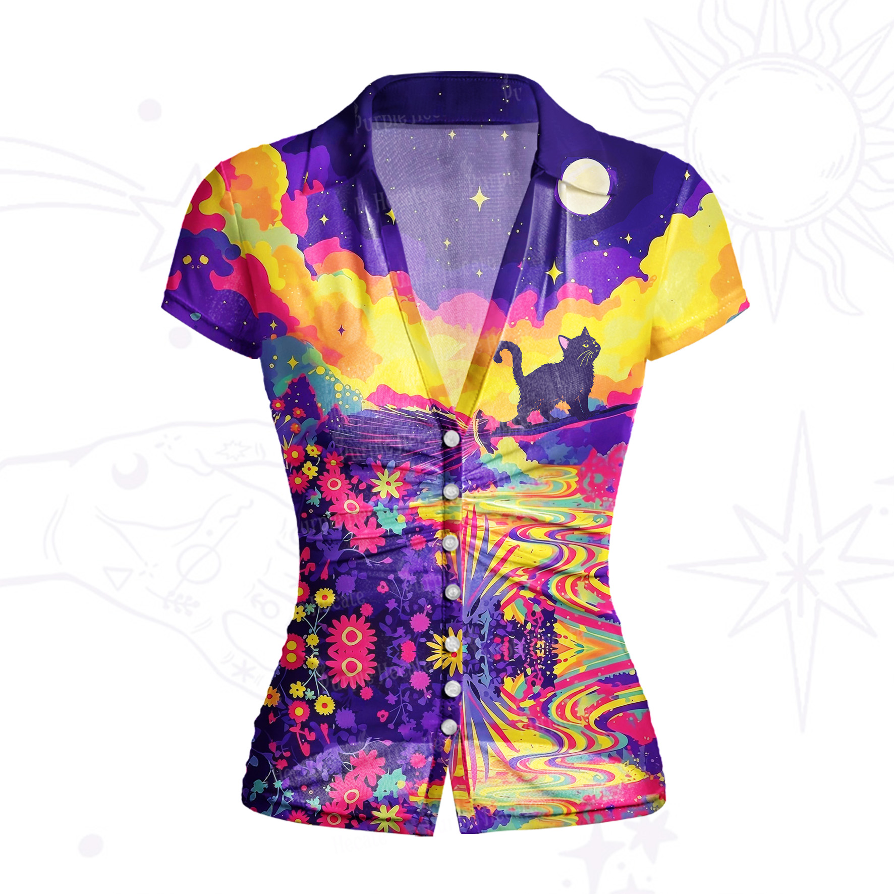 Purplehecate Midnight Cosmic Cat Fantasy Mesh Button Up Shirt