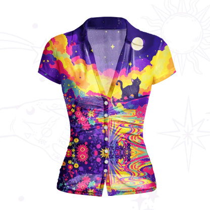 Purplehecate Midnight Cosmic Cat Fantasy Mesh Button Up Shirt
