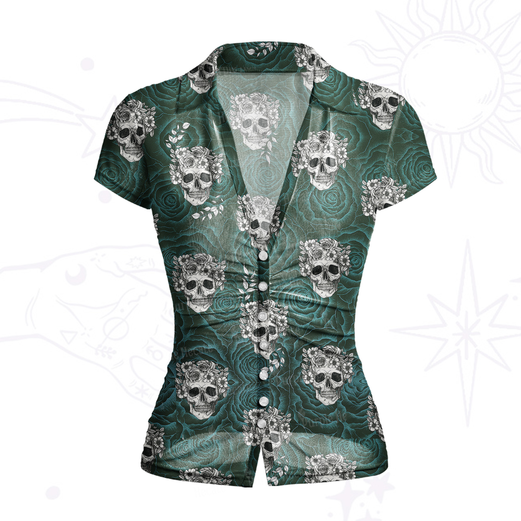 Purplehecate Rose Skull Mesh Button Up Top