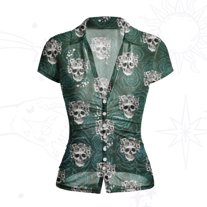 Purplehecate Rose Skull Mesh Button Up Top