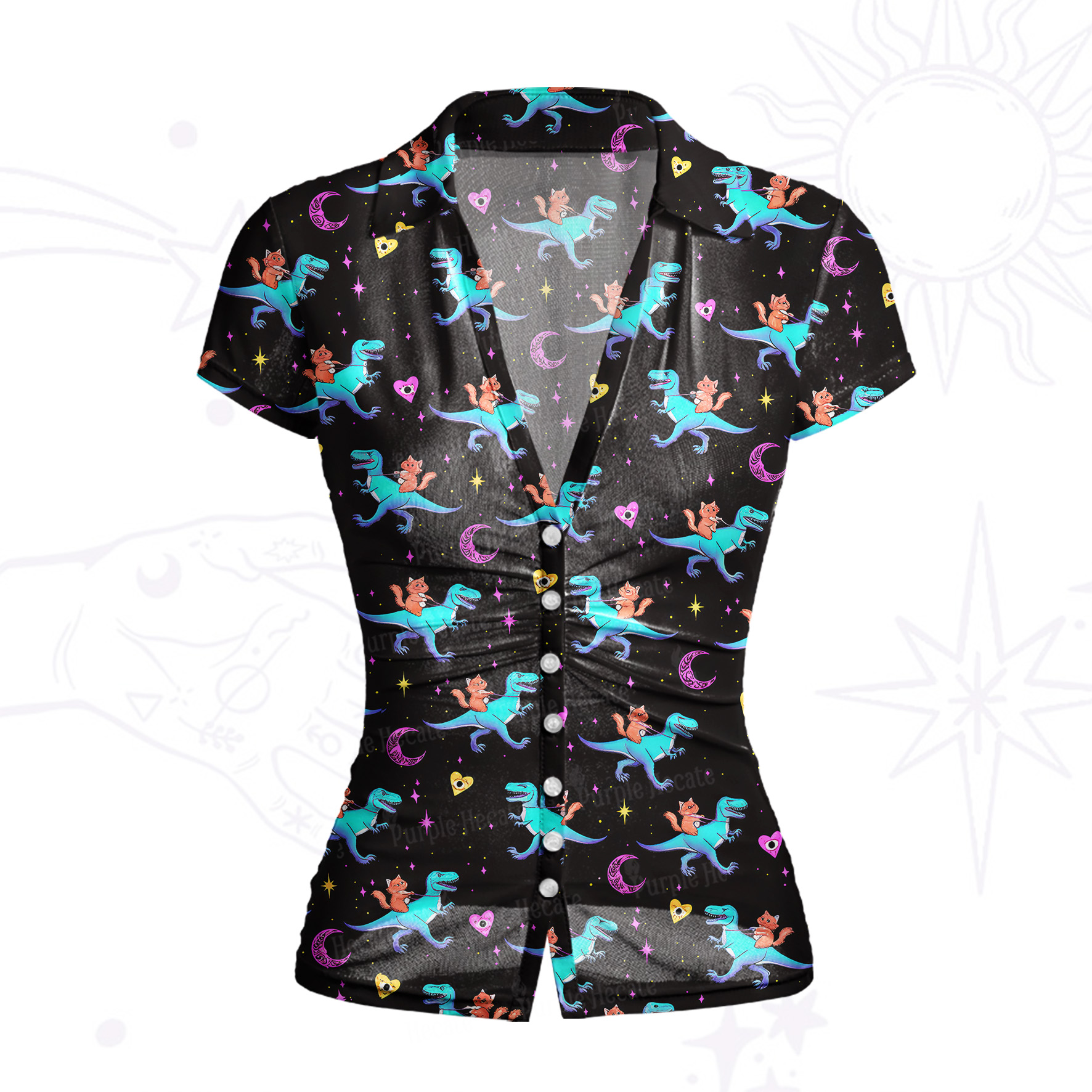 Purplehecate Witch Cat Rides the Dino Mesh Button Up Shirt
