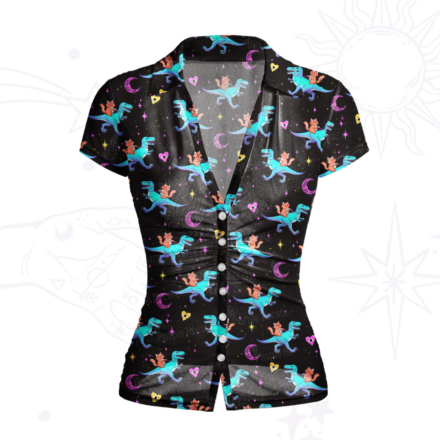 Purplehecate Witch Cat Rides the Dino Mesh Button Up Shirt