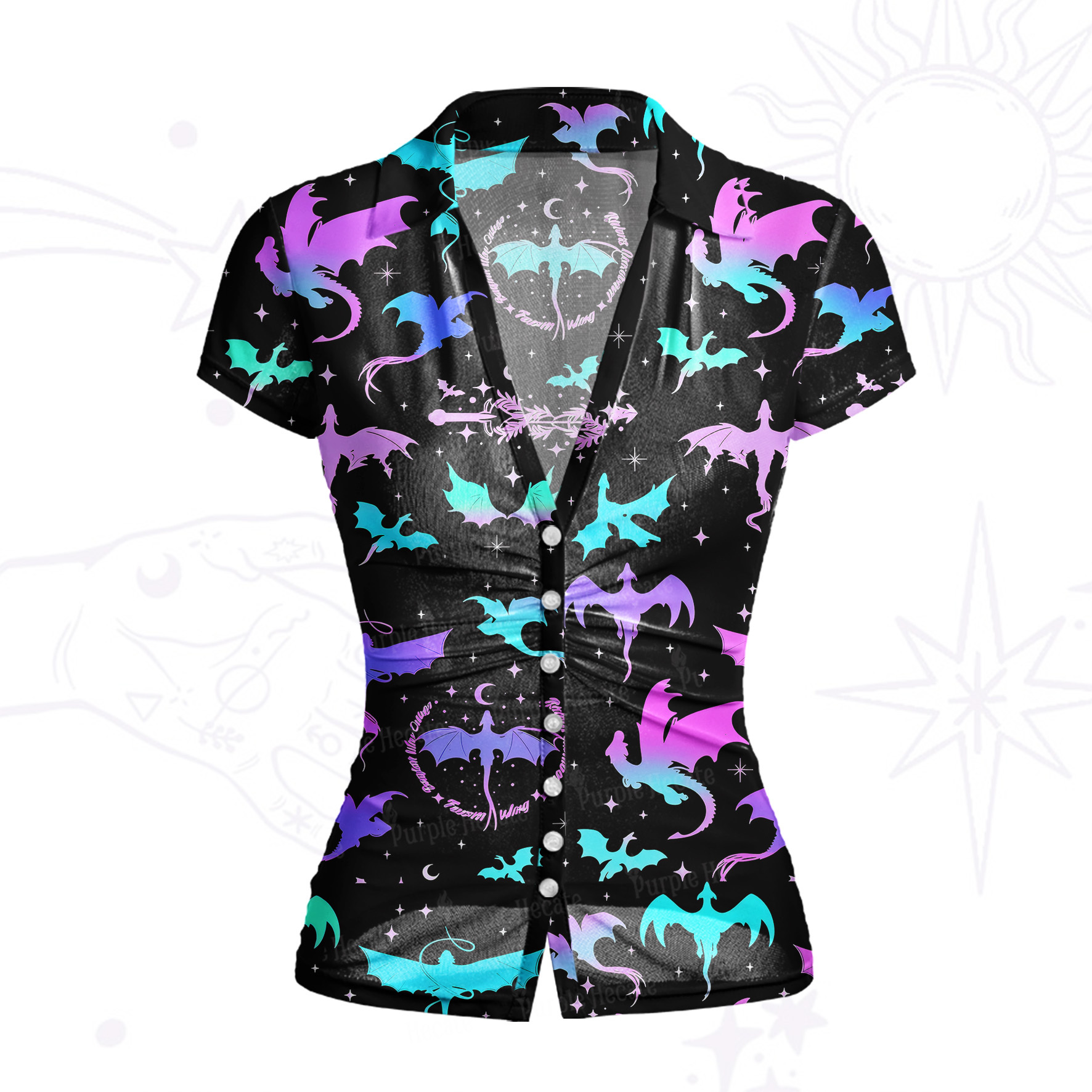 Purplehecate Neon Fantasy Dragon Allover Mesh Button Up Shirt