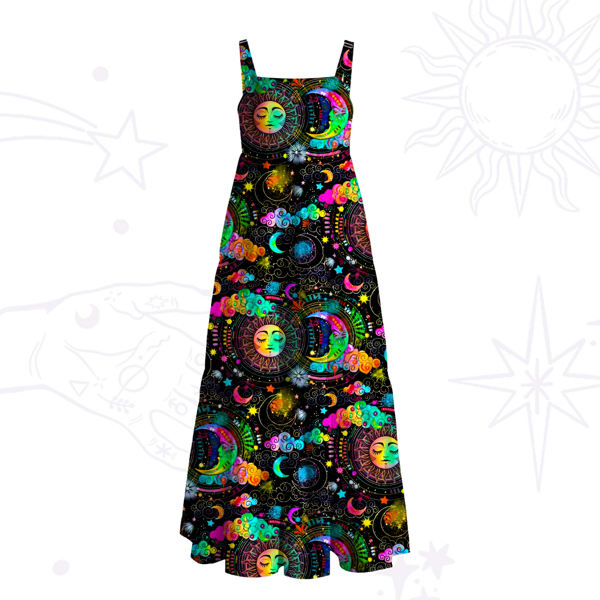 Purplehecate Stargazer Celestial Sun & Moon Wide Straps Maxi Dress