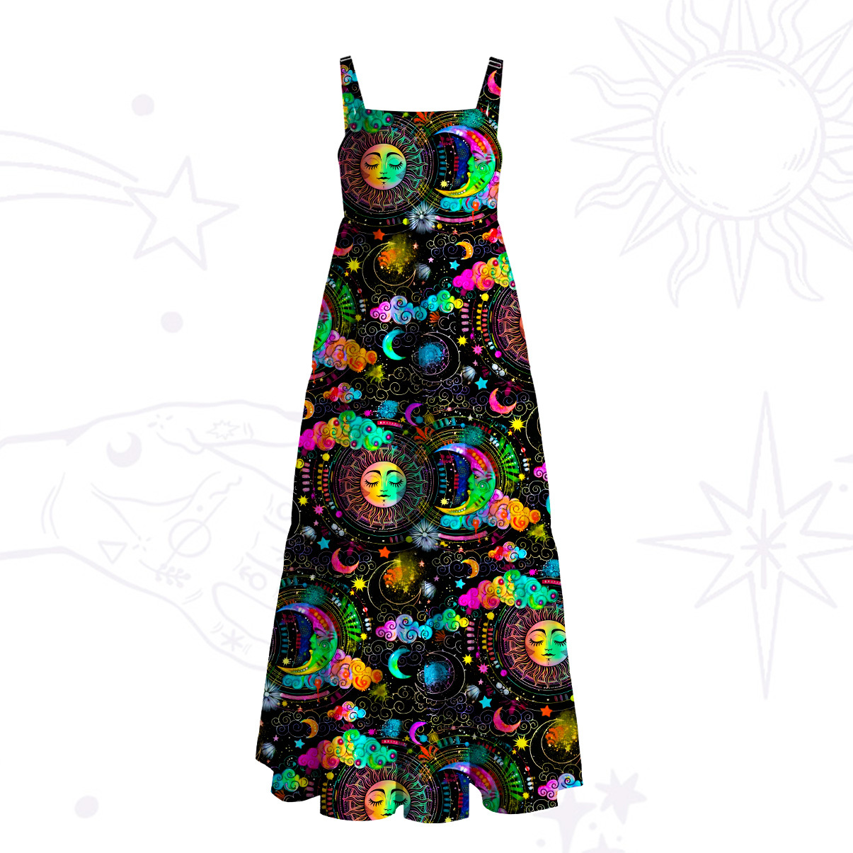 Purplehecate Stargazer Celestial Sun & Moon Wide Straps Maxi Dress