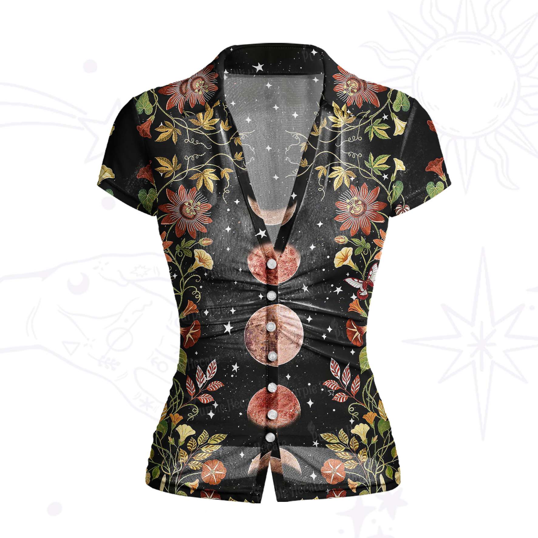 Purplehecate Moon Phase Floral Mesh Button Up Shirt