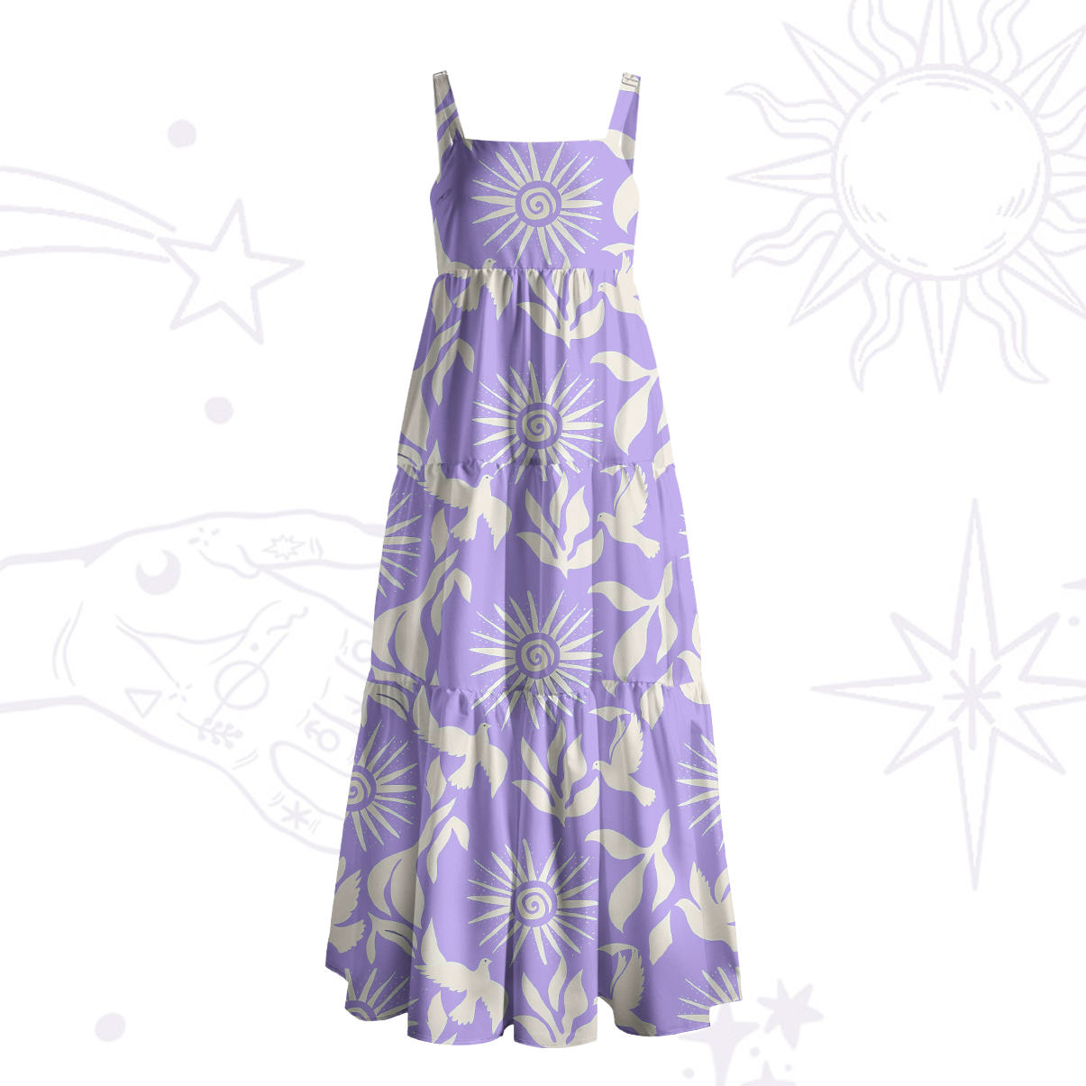 Purplehecate Mystic Sunbirds Wide Straps Maxi Dress