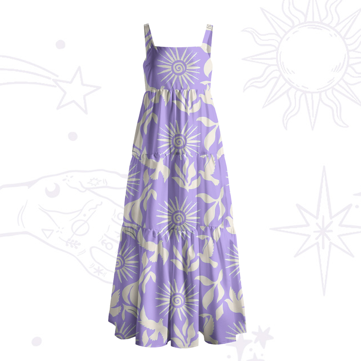 Purplehecate Mystic Sunbirds Wide Straps Maxi Dress