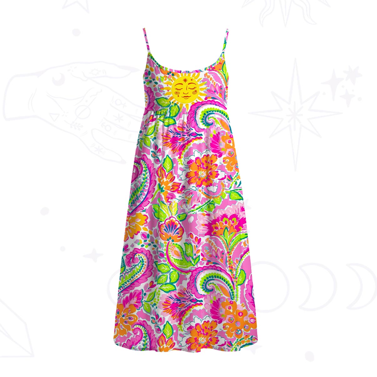Purplehecate Sun Bloom Fiesta Spaghetti Strap Midi Dress
