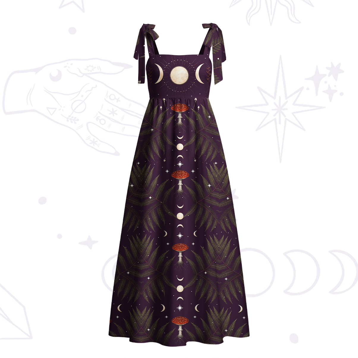 Purplehecate Moonlit Mushroom Gown Tie Shoulder Maxi Dress