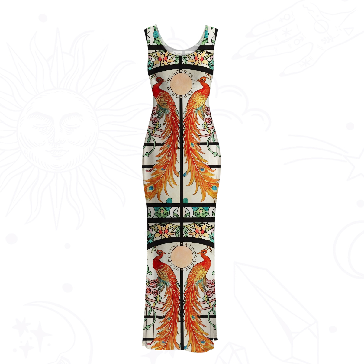 Purplehecate Mystic Peacock Stained Glass Mesh Maxi Tank Beach Dress