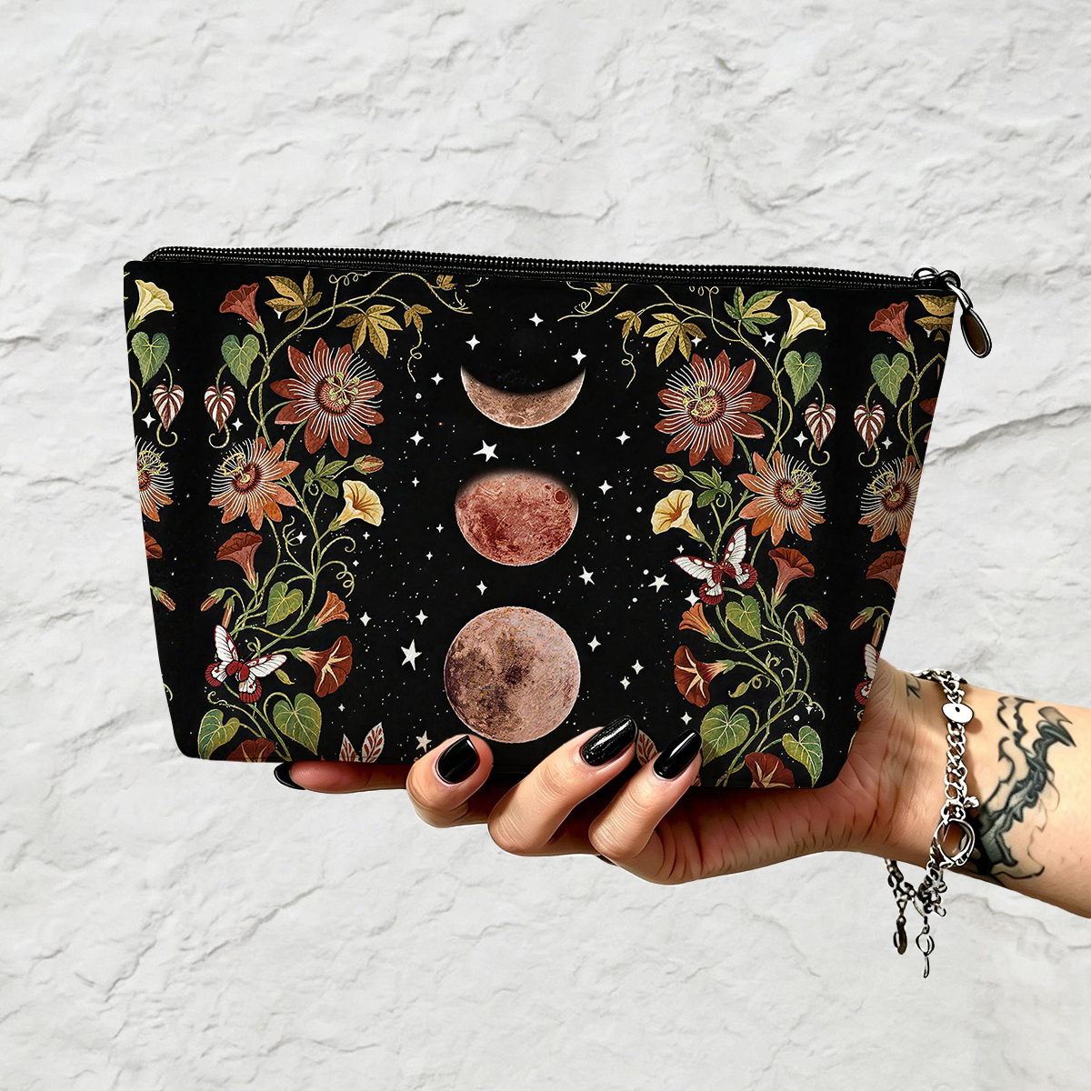 Purplehecate Moon Phase Floral Zip Makeup Bag