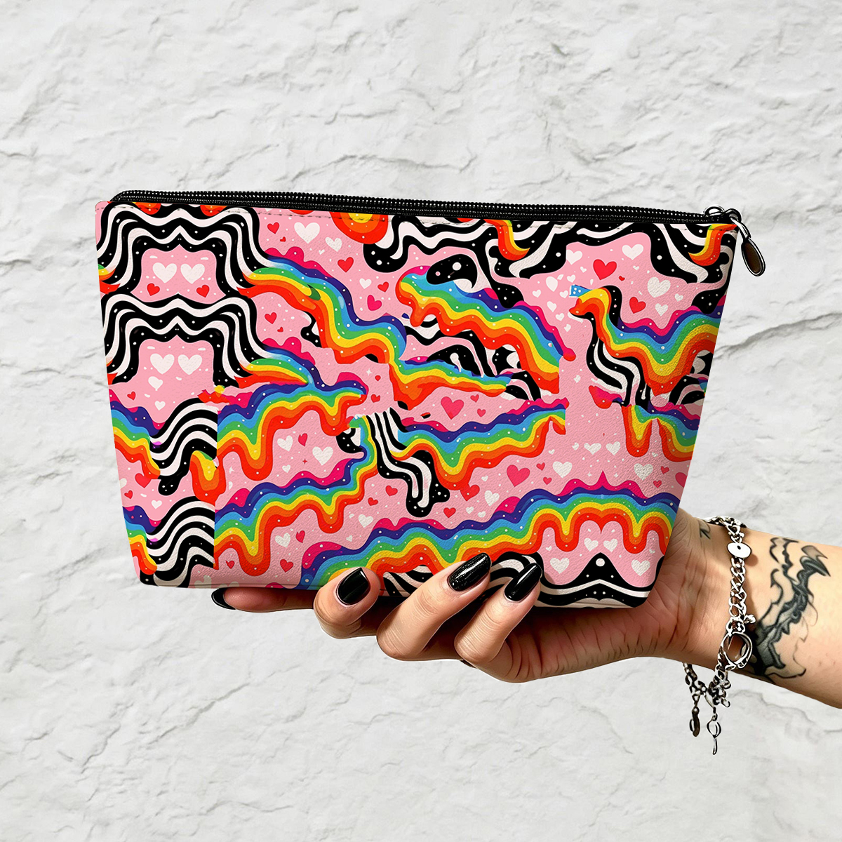 Purplehecate Groovy Melty Rainbow Hearts Wavy Zip Makeup Bag