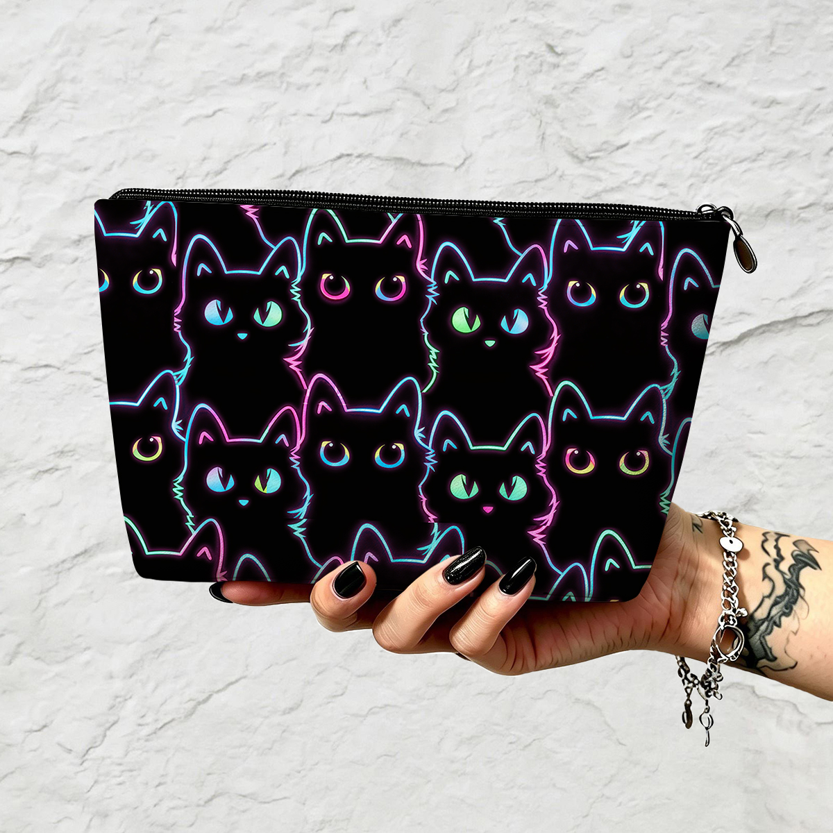 Purplehecate Neon Glow Stacked Cats Zip Makeup Bag
