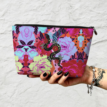 Purplehecate Enchanted Black Serpent & Floral Pattern Zip Makeup Bag