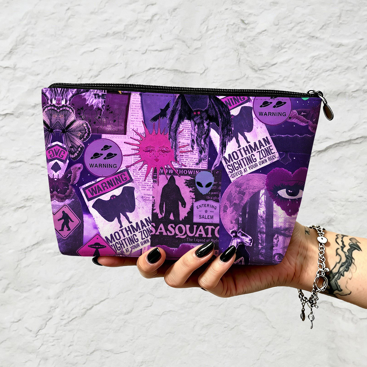Purplehecate Cryptid Warning Collage Zip Makeup Bag