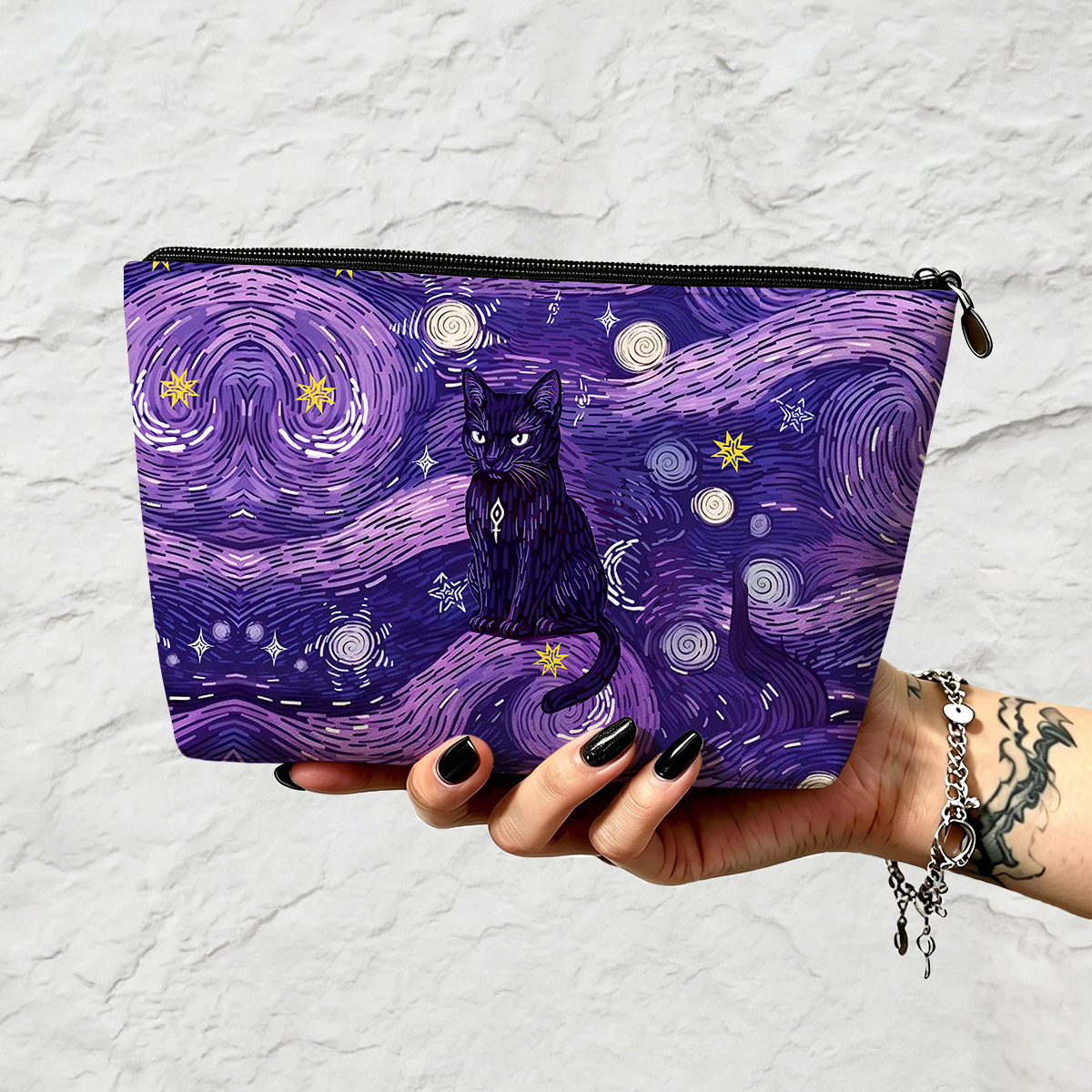 Purplehecate Mystic Cat Beneath the Cosmic Veil Zip Makeup Bag
