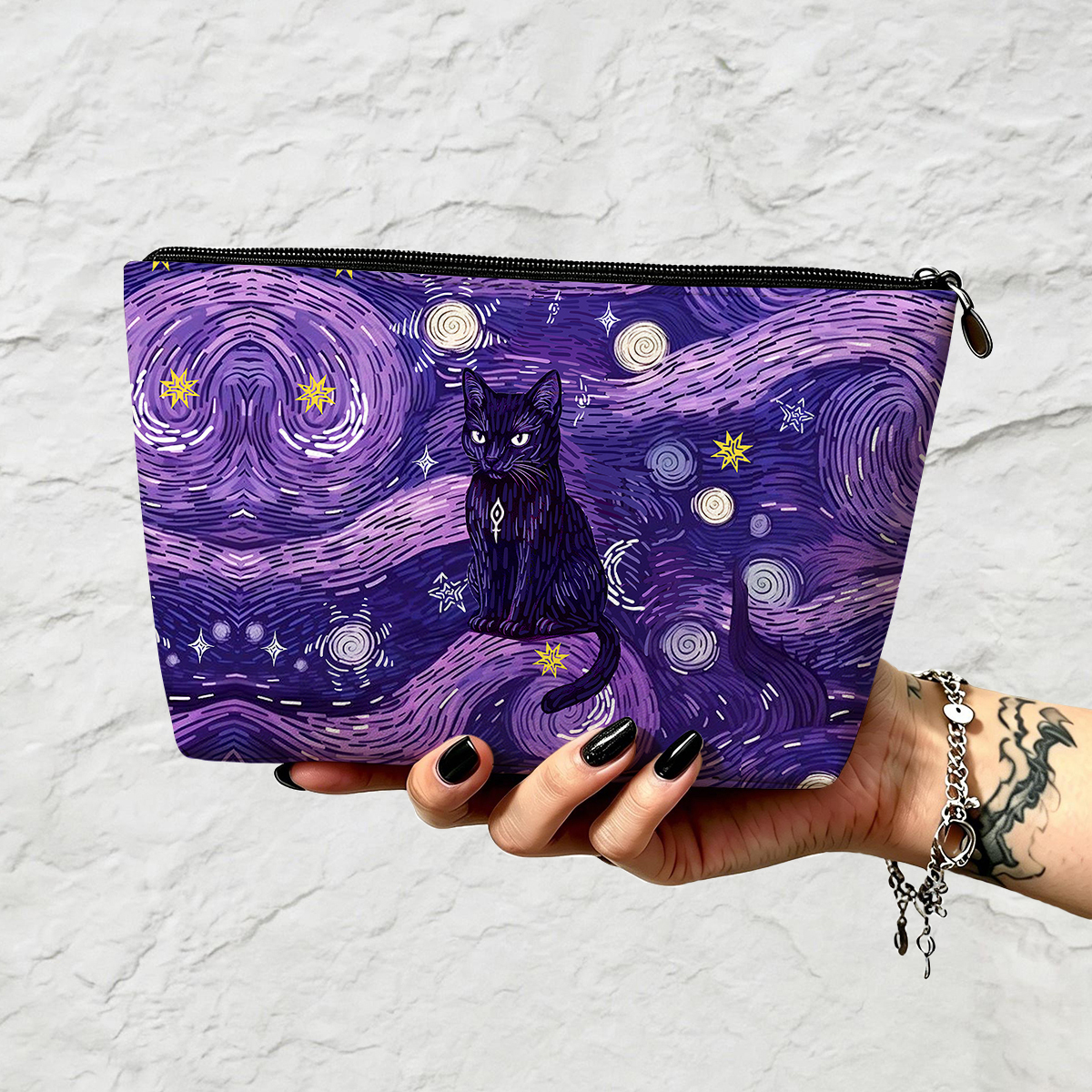 Purplehecate Mystic Cat Beneath the Cosmic Veil Zip Makeup Bag