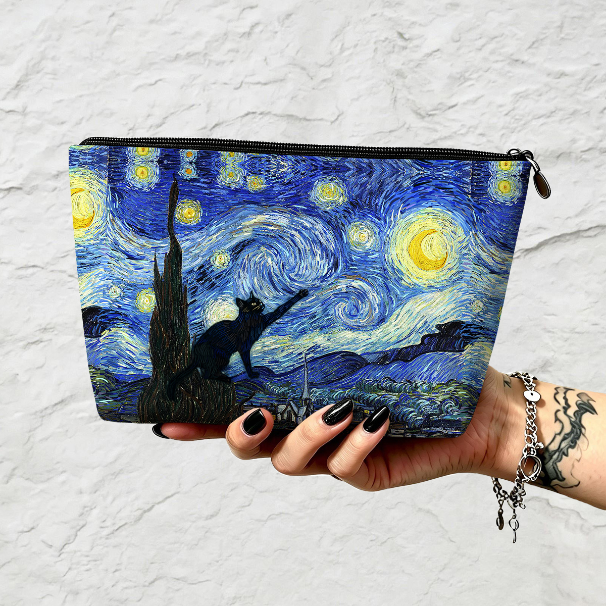 Purplehecate Witch Cat Under the Starry Night Zip Makeup Bag