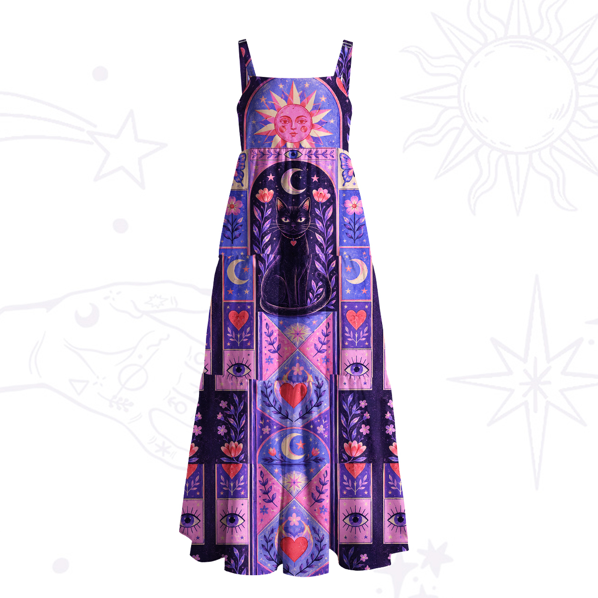 Purplehecate Sun Moon & Magic Cat Patchwork Wide Straps Maxi Dress