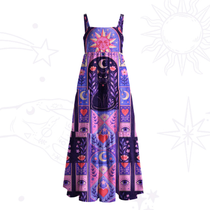 Purplehecate Sun Moon & Magic Cat Patchwork Wide Straps Maxi Dress