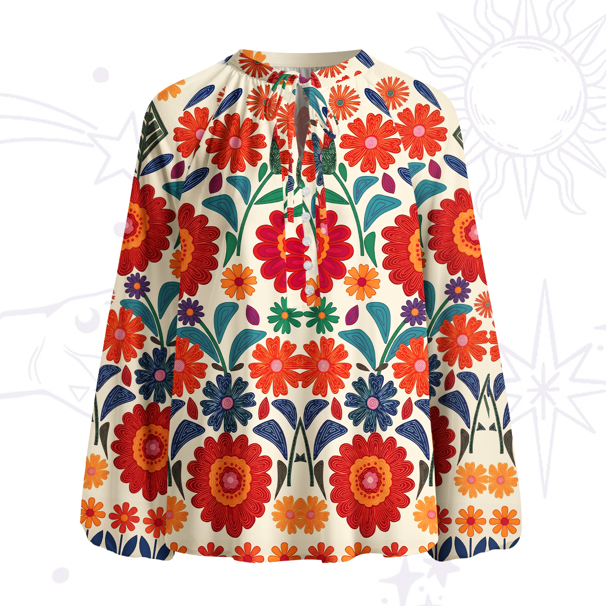 Purplehecate Retro Bloom Folk Floral Split Neck Tie Blouse