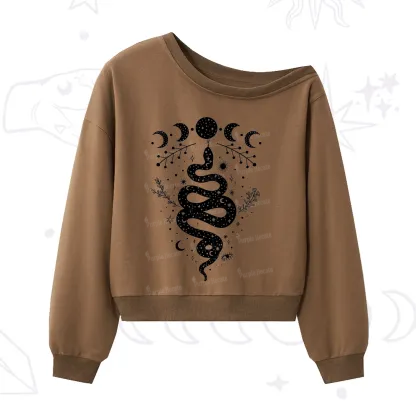 Purplehecate Snake And Moon Phase Comfort One Shoulder Sweatshirt