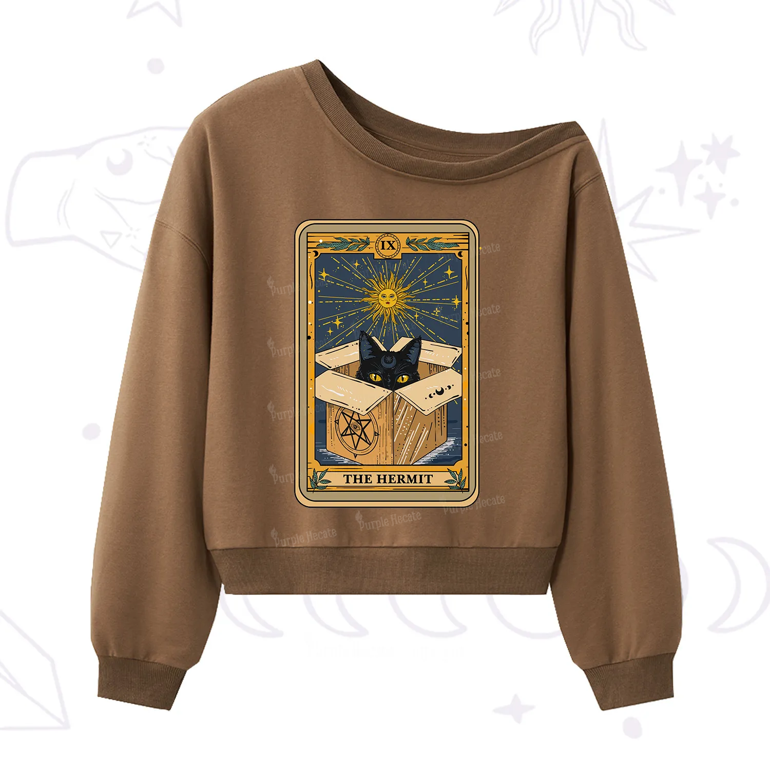 Purplehecate The Hermit Cat Tarot Card One Shoulder Sweatshirt