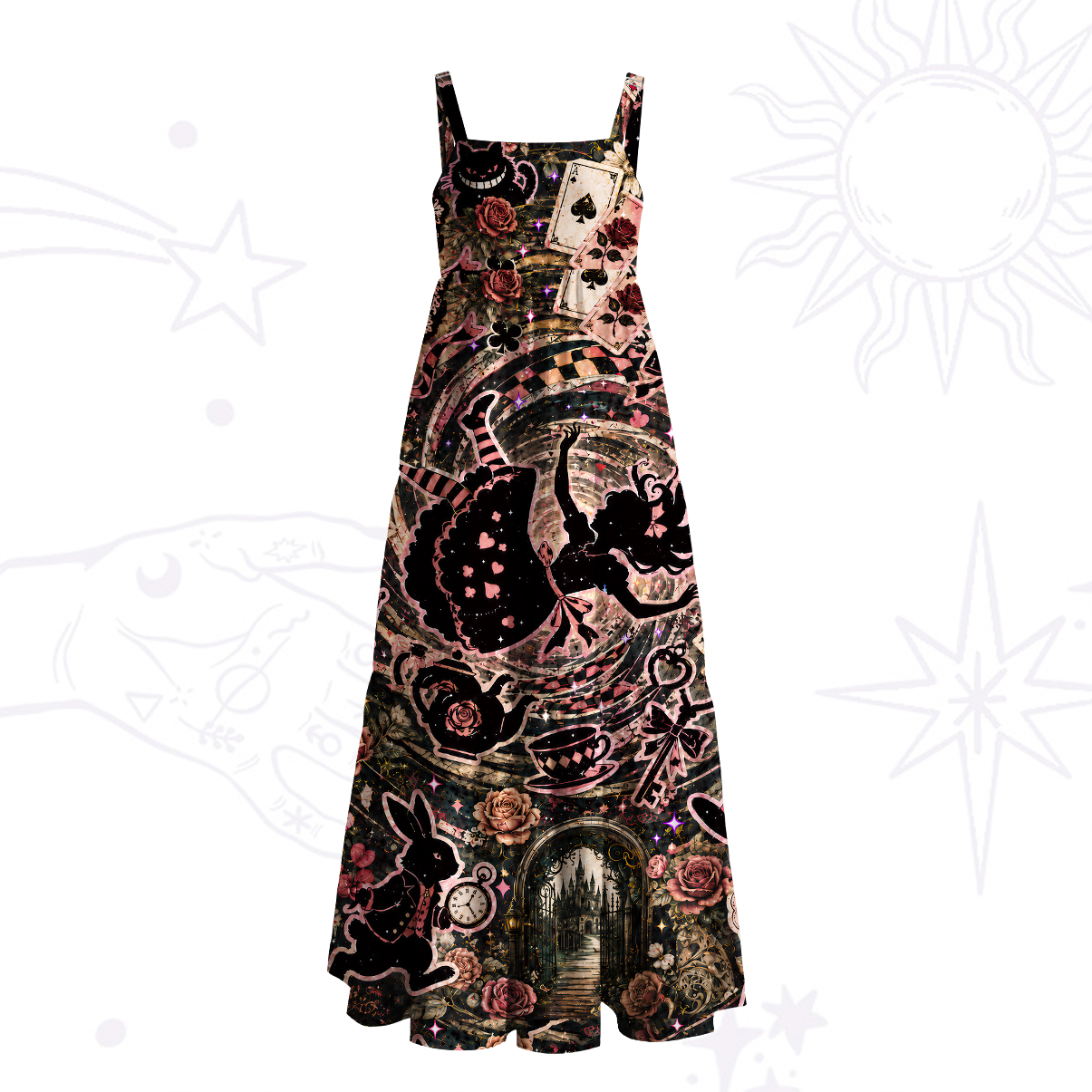 Purplehecate Vintage Alice in Wonderland Collage Wide Straps Maxi Dress